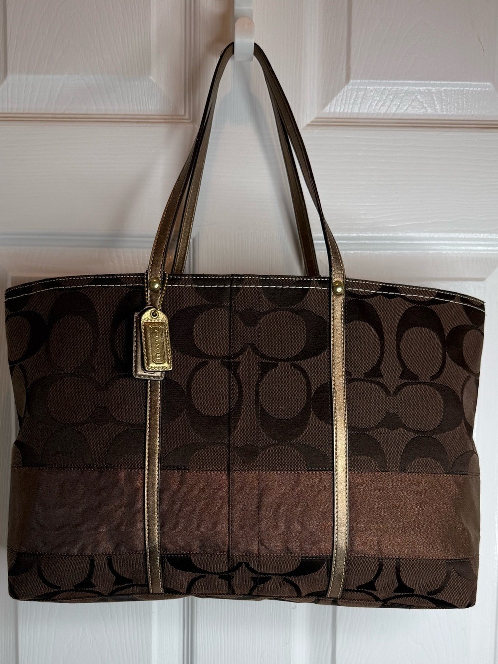 COACH SIGNATURE STRIPE TOTE BAG, METALLIC BRONZE STRIPE - Picture 3 of 16